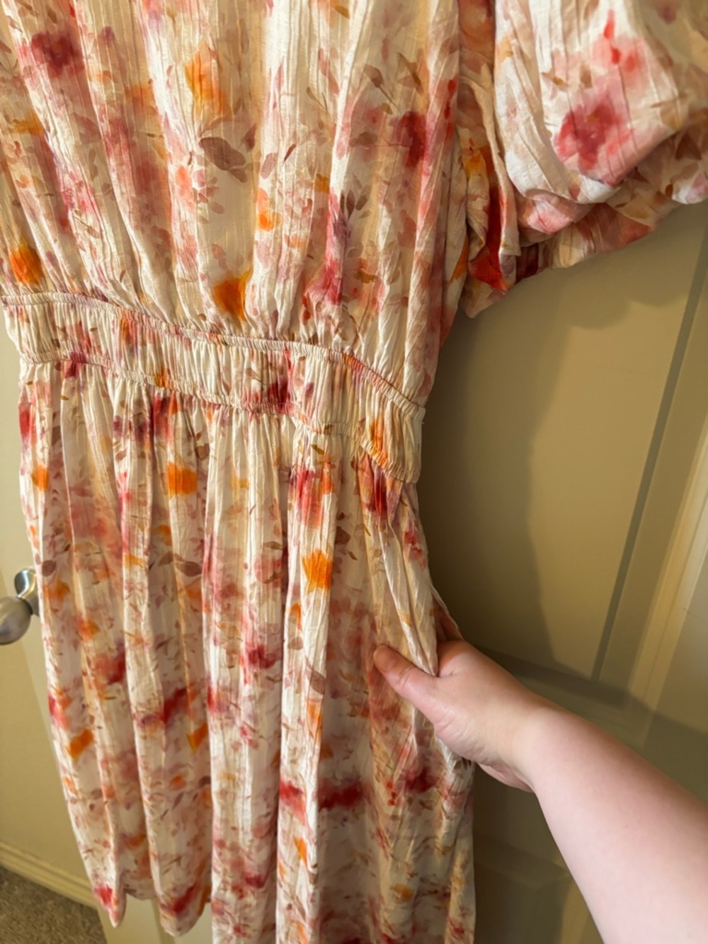 Floral Puff-Sleeve Midi Dress in Cream with Coral and Peach Accents - Modest - Picture 8 of 14